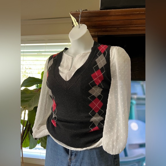 CABI Argyle 100% Lambswool Sweater Vest Size Medium Women’s Charcoal Grey - Picture 4 of 6